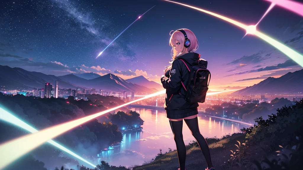 Woman wearing headphones, Anime Style 4 k, anime wallpaper 4k, anime wallpaper 4k, 4k anime wallpaper, anime art wallpaper 4k, anime art wallpaper 4k, Anime Style. 8K, Anime atmosphere, Nightcore, Ultra HD Anime Wallpaper, Anime Art Wallpaper 8K, Anime Background,summer,City,landscape、forest、far away、music