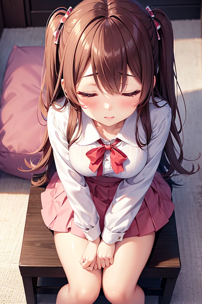 From above, (Close ~ eyes:1.2) One Girl, blush, sit, nsfw,beautiful girl,skirt, Anime move,Two Side Up、(Gloss Lip)、Thick lips,Kissing Face