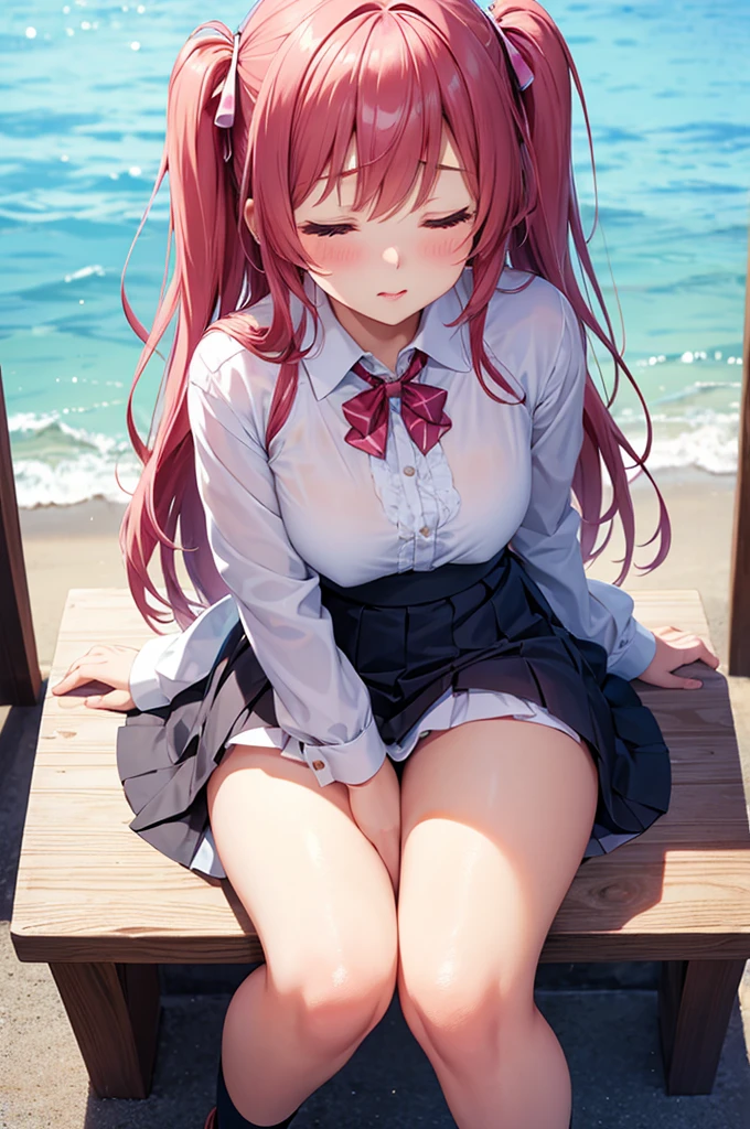From above, (Close ~ eyes:1.2) One Girl, blush, sit, nsfw,beautiful girl,skirt, Anime move,Two Side Up、(Gloss Lip)、Thick lips,Kissing Face