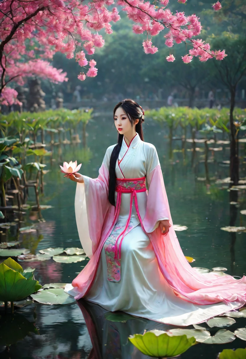 There was a woman sitting on the ground,Holding a flower in hand, Palace , A girl in Hanfu, White Hanfu, Hanfu, Ethereal beauty, Wearing ancient Chinese clothes, Princesa chinesa antiga, Chinese girl, Traditional Chinese clothing, Inspired by Lan Ying, elegant japanese woman, with acient chinese clothes, a beautiful fantasy empress, China Princess, Chinese style, Chinese woman,ulzang-6500-v1.1,(RAW photogr:1.2),((realisticlying:1.4)),best qualtiy,tmasterpiece,illustratio,Extremely Delicately Beautiful,astounding,finedetail,offcial art,Very detailed CG unity 8K wallpaper,absurderes,Incredibly Ridiculous res,hugefilesize,ultra - detailed,A high resolution,Beautiful Meticulous Girl,extremelydetailedeyesandface,beatiful detailed eyes,Light on the face,cinmatic lighting,((extremely pink tight suit clothing)),1girll,full bodyesbian,full body shot shot,looking at viewert,((blissful)),Best detail background,Lotus,Lotus leaf,Court gardens,lotuses,ponds,Canon 85mmd