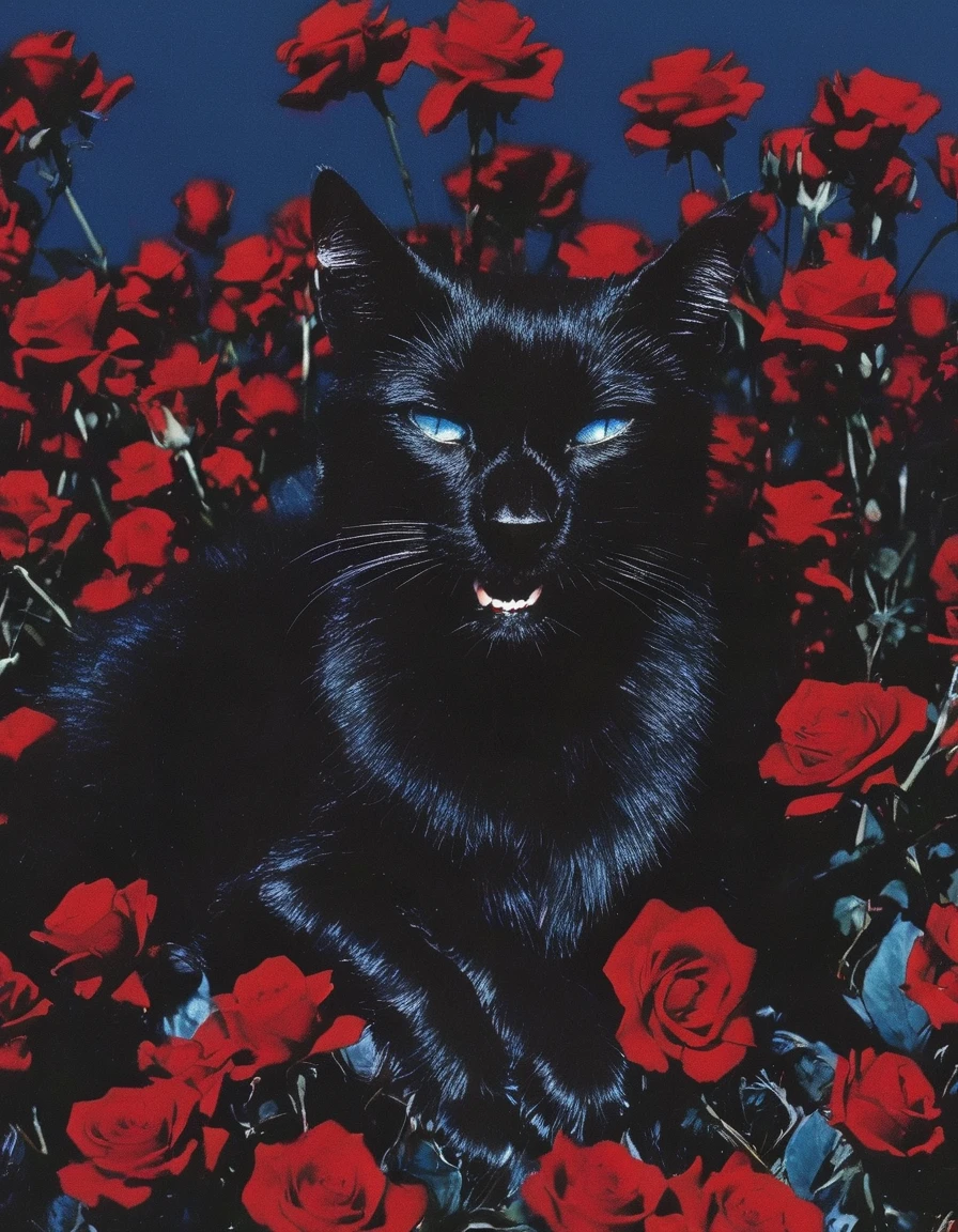 film photography, vintage, fashion shoot of black cat in field of red roses, blue dark background