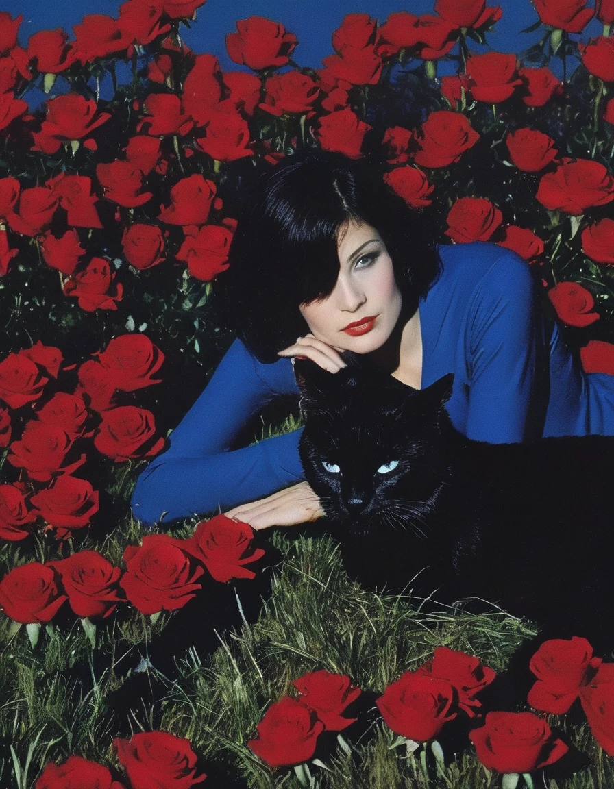 film photography, vintage, fashion shoot of black cat in field of red roses, blue dark background