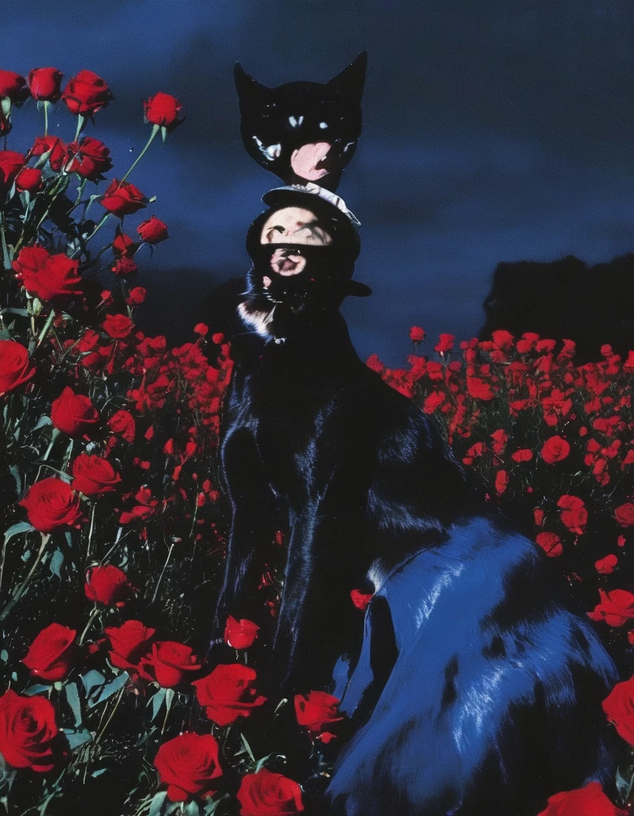 film photography, vintage, fashion shoot of black cat in field of red roses, blue dark background
