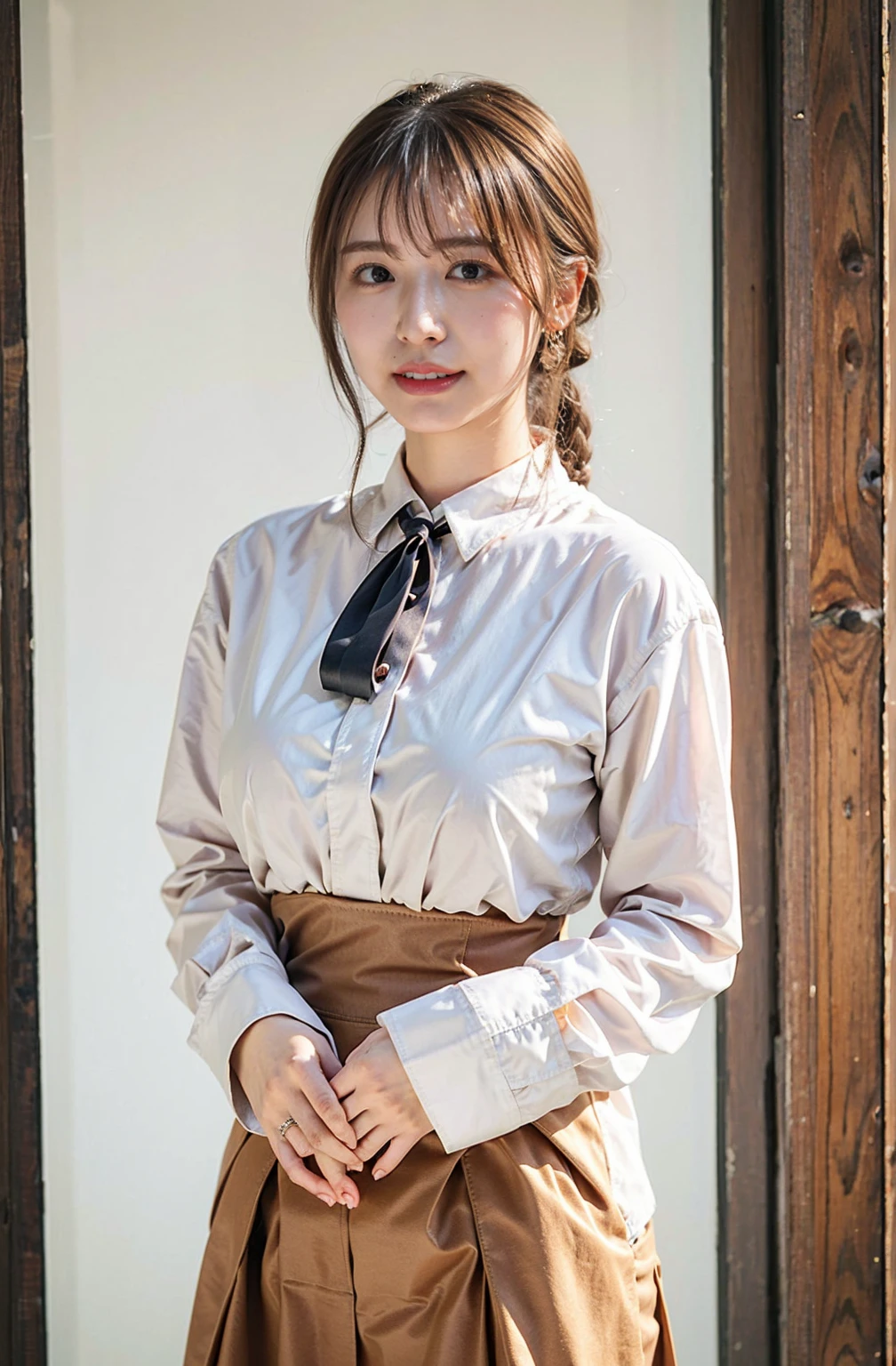 （（Cream hair color、砂浜でsmileで撮影:1.4））、Sleeveless、Outdoor shots、Cute clothes、Tie your hair、Cream hair color、Leather Belt、Her huge breasts are obvious even through her clothes..、Small earrings、Light brown hair color、Tie your hair:1.4））、Shiny Hair、Light beige hair color、Background Blur、Braid only the front hair、Light brown hair、｛｛Cowgirl Shot｝｝、（（Close-up shot from the waist up、Big Breasts:1.4））、Big Breasts、にっこりsmile、Silk clothing、服からでも分かるBig Breasts、Braid only the front hair、Cowboy Shot、A gorgeous white collared silk shirt and a brown skirt、Elegant attire、Luxury Bags、素敵なsmile、（（Revealing clothing））、Full body photo、ring、Short skirt、Tuck your hair behind one ear、Silver Necklace、smile、 Elegant ponytail、Caustics、Highly detailed photos、Very beautiful and ideal short hair、Big Breasts、Super no makeup、(8K、RAW Photos、Highest quality、masterpiece:1.2)、(Realistic、Realistic)、1 Girl、((Big Breastsショートヘア、Looking into the camera:1.4))、Hair blowing in the wind
