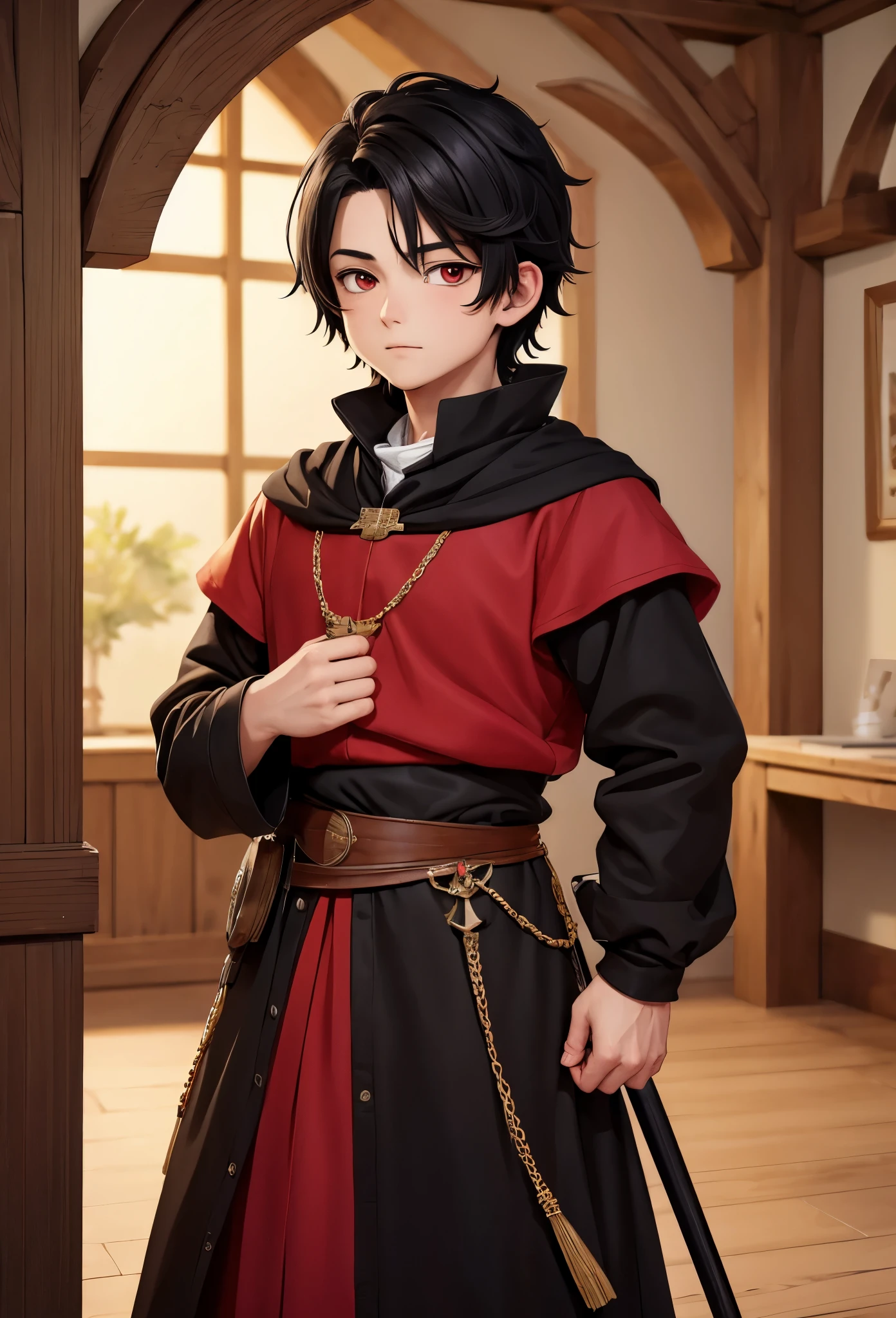 (Masterpiece artwork, best qualityer: 1.2) alone, Anime boy, black hair , red eyes , medieval clothes