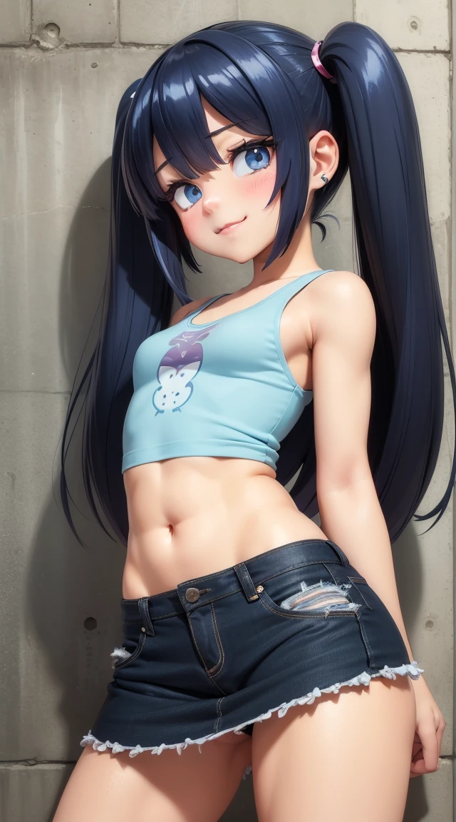 (masterpiece:1.3), (Best Quality:1.3), (Ultra-detailed:1.2), ((kawaii)), Cute, (lovely), ((sexy)), ((Extremely detailed)), 4K, (8K), Best Quality, (Beautiful), Illustration, anime style, (bold line:1.2), Gradation, looking at viewer, //, (bent down:1.1), (arms behind back), //, a cute girl, 1girl, (solo:1.2), gleaming skin, //, (flat chested), (Perfect eyes:1.2), (Perfect iris:1.2), //, darkblue hair color, (beautiful eyes) //, (half closed eyes:1.3), (sexual expression:1.2), Fascinated expression, smile, (blush:1.2), //, modern city bacground, on rock, tank top with skirt, twin tails, muscle girl, hard abs