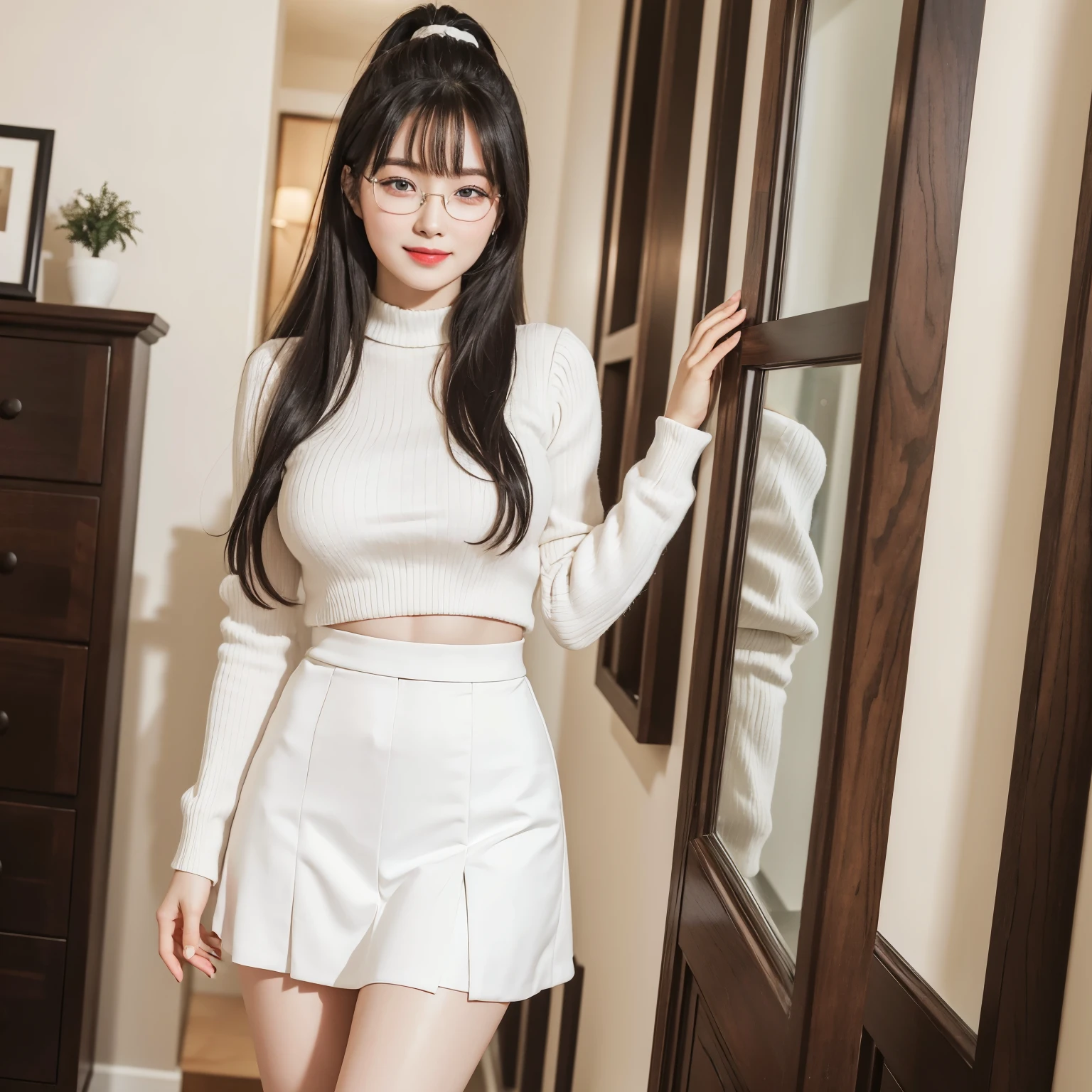 (Best quality, masterpiece, detailed), (RAW, 4k, hd images), shy, 1 girl, , white skin, long hair, ponytail, layers hair, bangs, black hair, beautiful girl, cute girl, sweet girl, pretty girl, perfect girl, pretty eyes, blue eyes, thin lips, thin, (eye line, lip stick soft) perfect , glasses(detailed frame), indoors, smile, thigh, white formal clothes, black short skirt, standing