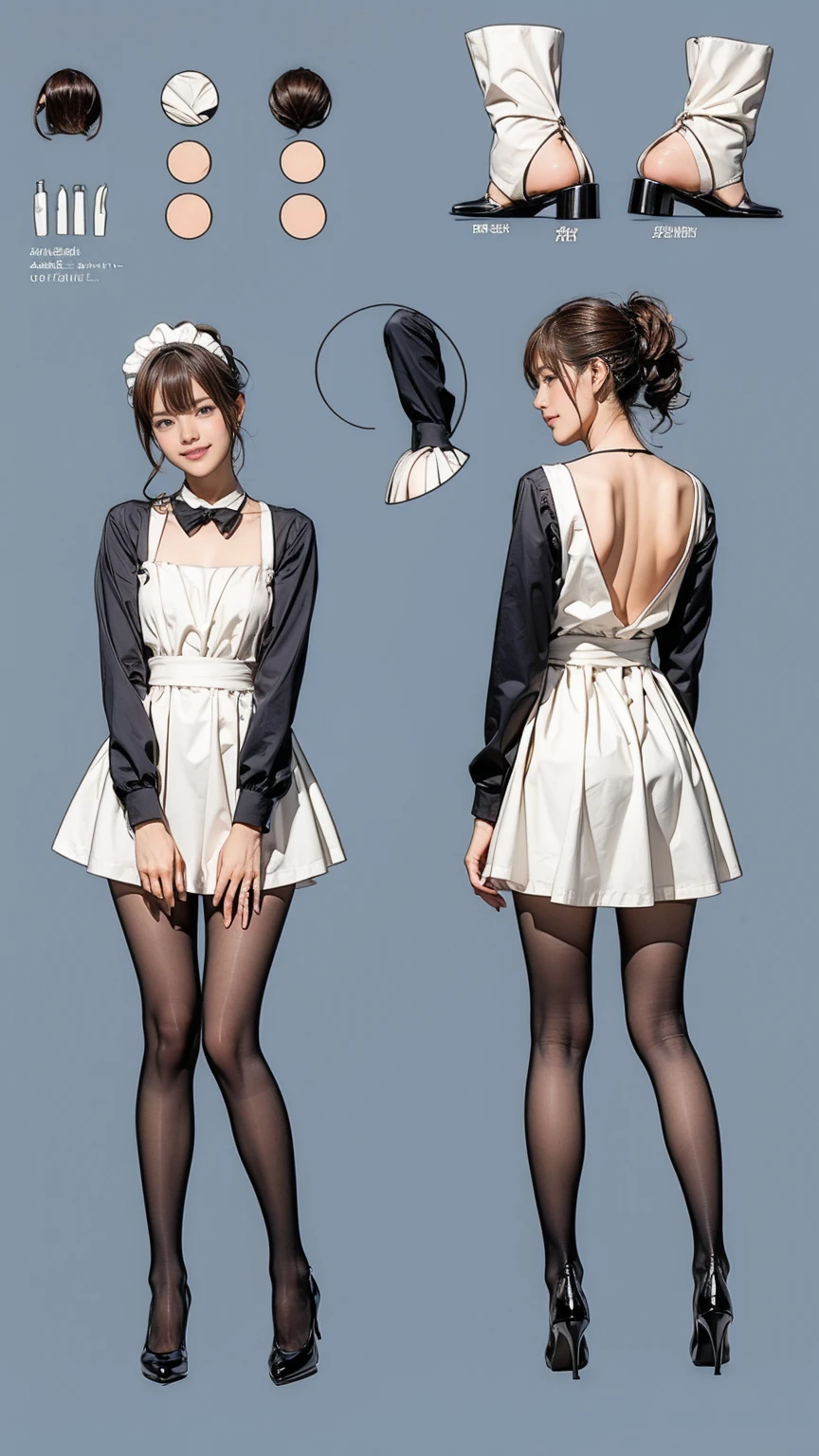 ((masterpiece)),(((Highest quality))),((Character design sheet)),Thin thighs,Long legs,Bunny girl in a light blue maid outfit:1.5，Wearing light blue tights:1.5，The best smile:1.5，Full Body Shot:1.5，Gray background:1.5，Wearing black high heels:1.5，short side wave:1.5，