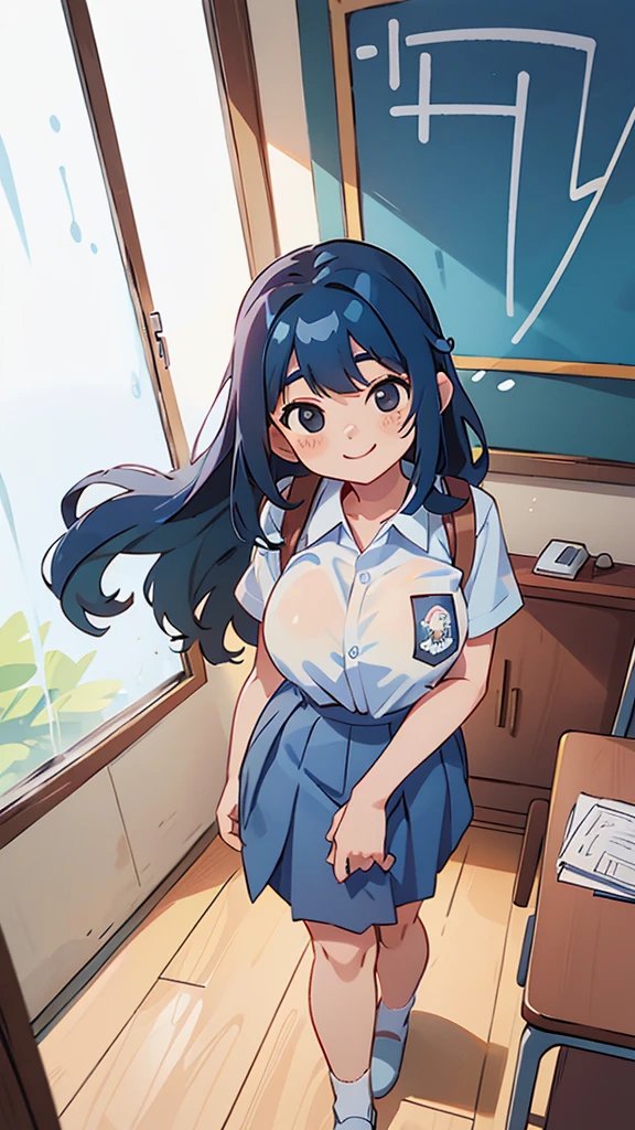 1 woman, 17 years old, (long curly shag, blue hair), flat face expression, (arms on hips), wearing school bag, plump body, black eyes, Indonesian high-school uniform, (wearing transparent white shirt, showing bra), osis logo on shirt pocket, huge XL breasts, light-grey pleated skirt, sitting on a chair, seductive pose, full body shot, smiling, in the classroom.