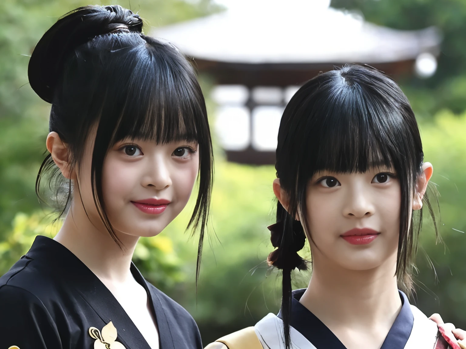 Two girls walking through an old Japanese shrine,Holiday casual wear,Ribbon with small ribbon in hair,18-year-old,bangs,A small smile,Thighs Thighs Thighs Thighs,ponytail,Shortcuts,Face close-up