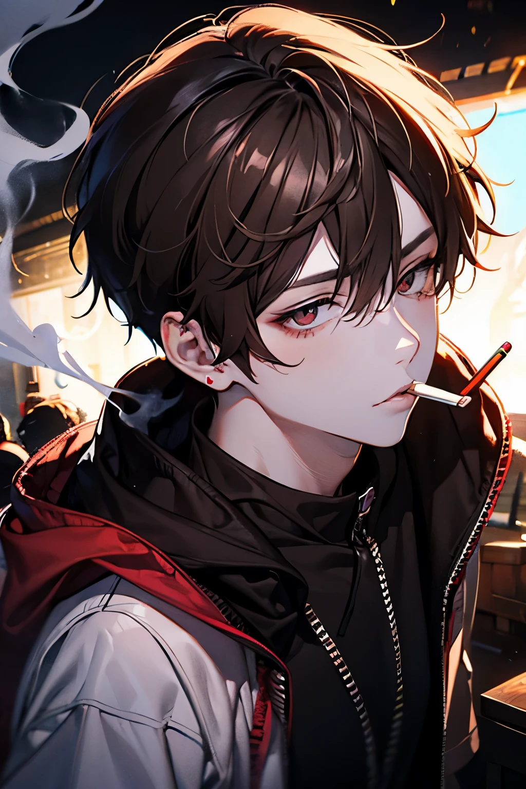 Beautiful young man, brown hair, short hair, red eyes,Shiny Sparkling eyes,Short sleeve hoodie,(smokes), night, smoke,high quality, amount of drawing, pixiv illustration,beautiful image,perfect pixiv,close-up view