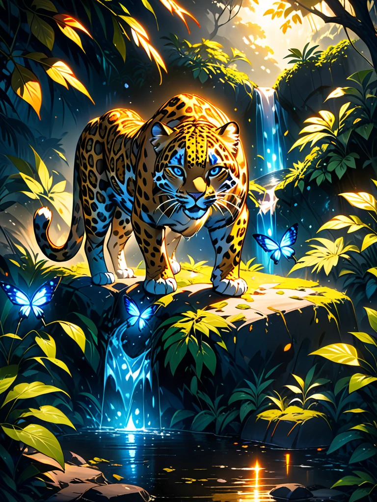 Lush plants,A ferocious leopard stands on a rock in the jungle,1 leopard,Orange glare,black and white,Dark background,photoPractical,Practical,high quality,high resolution,Extremely detailed,masterpiece,工作室light,light,戏剧light,Blue glowing butterfly,Water drops on leaves