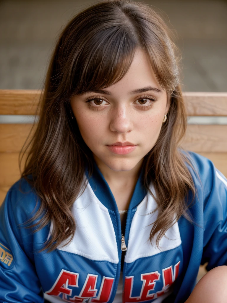 ((Close-up portrait):1.5), A beautiful 22-year-old girl, in a high school in the 90s, sitting on a bleacher, looking at the viewer, wearing a vintage American soccer jacket. ((22-year-old girl:1.5)), ((vintage American soccer jacket:1.5)), ((looking at the viewer:1.5)), (sitting in a bleacher:1.2), (90s themed:1.3), (high school:1.2), 16k, UHD, best quality, high details, anatomically correct, masterpiece, ambient lighting.