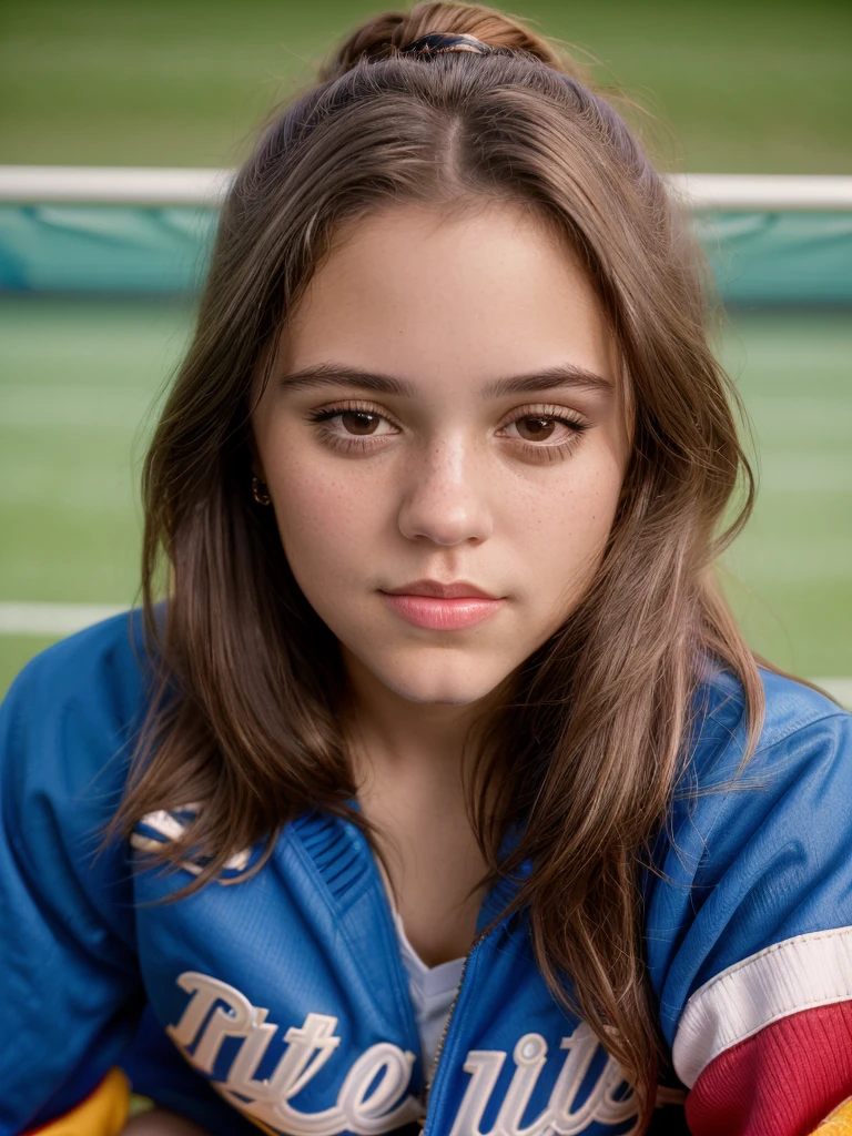 ((Close-up portrait):1.5), A beautiful 22-year-old girl, in a high school in the 90s, sitting on a bleacher, looking at the viewer, wearing a vintage American soccer jacket. ((22-year-old girl:1.5)), ((vintage American soccer jacket:1.5)), ((looking at the viewer:1.5)), (sitting in a bleacher:1.2), (90s themed:1.3), (high school:1.2), 16k, UHD, best quality, high details, anatomically correct, masterpiece, ambient lighting.