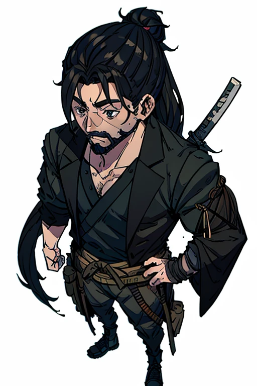 Create an image of an RPG character in the Order of Paranormal universe. This character is around 25 years old with a large and well-defined body. He has a medium-length beard and slightly long hair tied in a messy bun. His clothing is typical of 1600s Japan, but disheveled and worn from use. He carries two katanas at his waist, ready for combat. The environment around him should reflect a dark and mysterious setting, with supernatural elements typical of the Order of Paranormal universe.