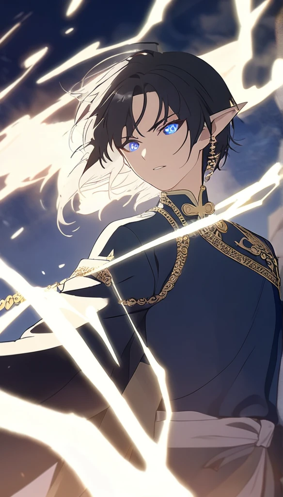 1man, elven ears, electric god, blue black hair, short hairstyle, glowing blue eyes, electric spark, thai priest, elegant thai clothes,