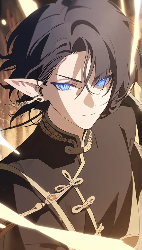 1man, elven ears, electric god, blue black hair, short hairstyle, glowing blue eyes, electric spark, thai priest, elegant thai clothes,