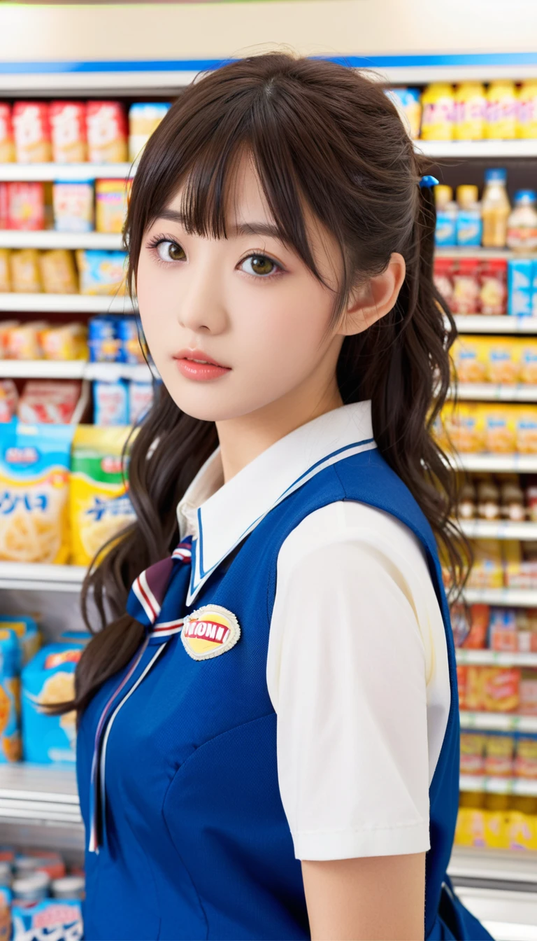 In convenience store,high school student, Japanese idol, ,Best Quality, 32k, photorealistic, ultra-detailed, finely detailed, high resolution, perfect dynamic composition, beautiful detailed eyes, sharp-focus, cowboy_shot, ,konbini