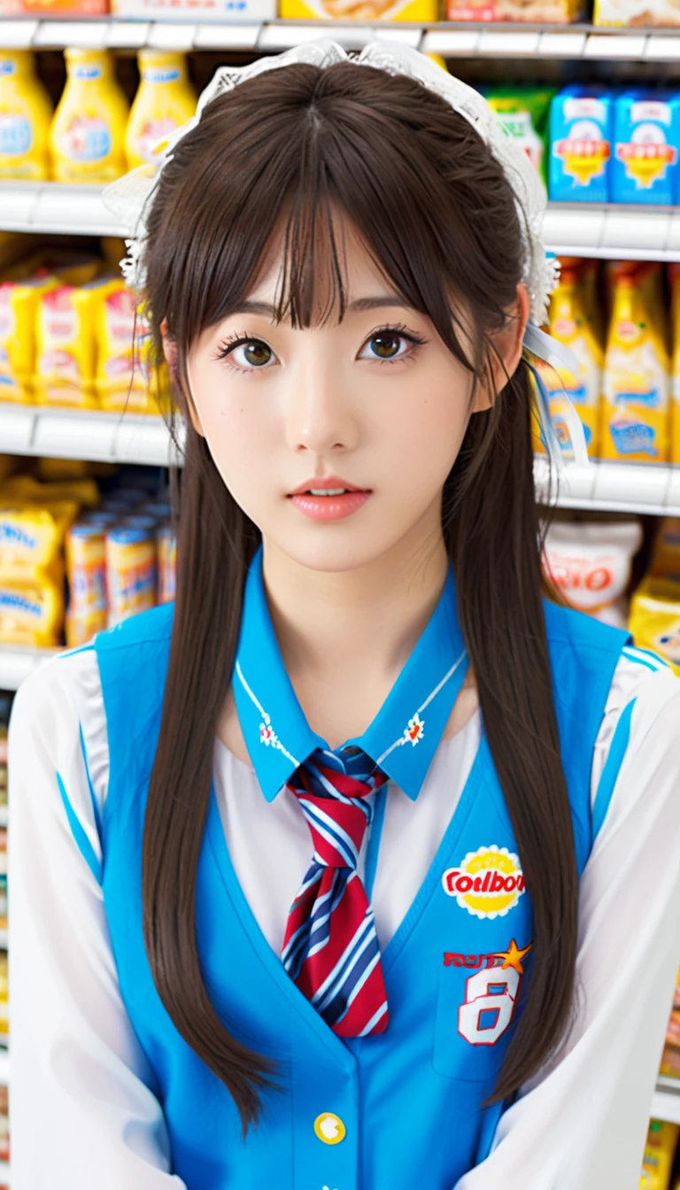 In convenience store,high school student, Japanese idol, ,Best Quality, 32k, photorealistic, ultra-detailed, finely detailed, high resolution, perfect dynamic composition, beautiful detailed eyes, sharp-focus, cowboy_shot, ,konbini