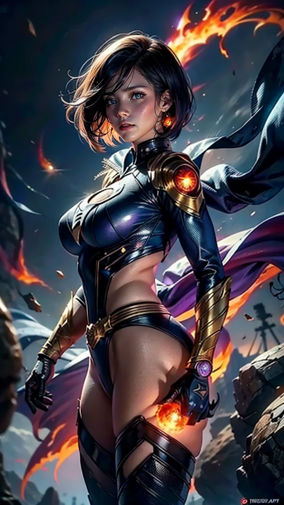 Marvel Fantastic Four，Latina Adult Model Daisy Marie as the Female version of Thunder Fire，Fly in the sky，angry look，The whole body is on fire，flame magic，The body was on fire🔥，The body glows and heats，The flames spread，The fire burst into the sky，Fire，Burn characters，The fire magic effect is fired on the hand，Mixed Chinese and American races，The background is blurred out，focal，Movie Lighting，(((tmasterpiece))), ((best qualtiy)), ((Complex and detailed)), ((Ultra-realistic realism)), Ridiculous resolution, A , Mature woman, ssee-through, highly  detailed, illustratio, 1girll, (34dd-cup ), Thin waist and thick ，long leges，beatiful detailed eyes, short detailed hair, flaming hair, a purple eye, (Superhero uniforms:1.2), seminude，tightsuit， and feminine，perfect bodies， attire，Human flashlight，（），pantiess, detailed back ground, perfect  eyes,  eye, （nice hand），Detail hands，looking at viewert，From the front，Wear light，（Fantastic Four），