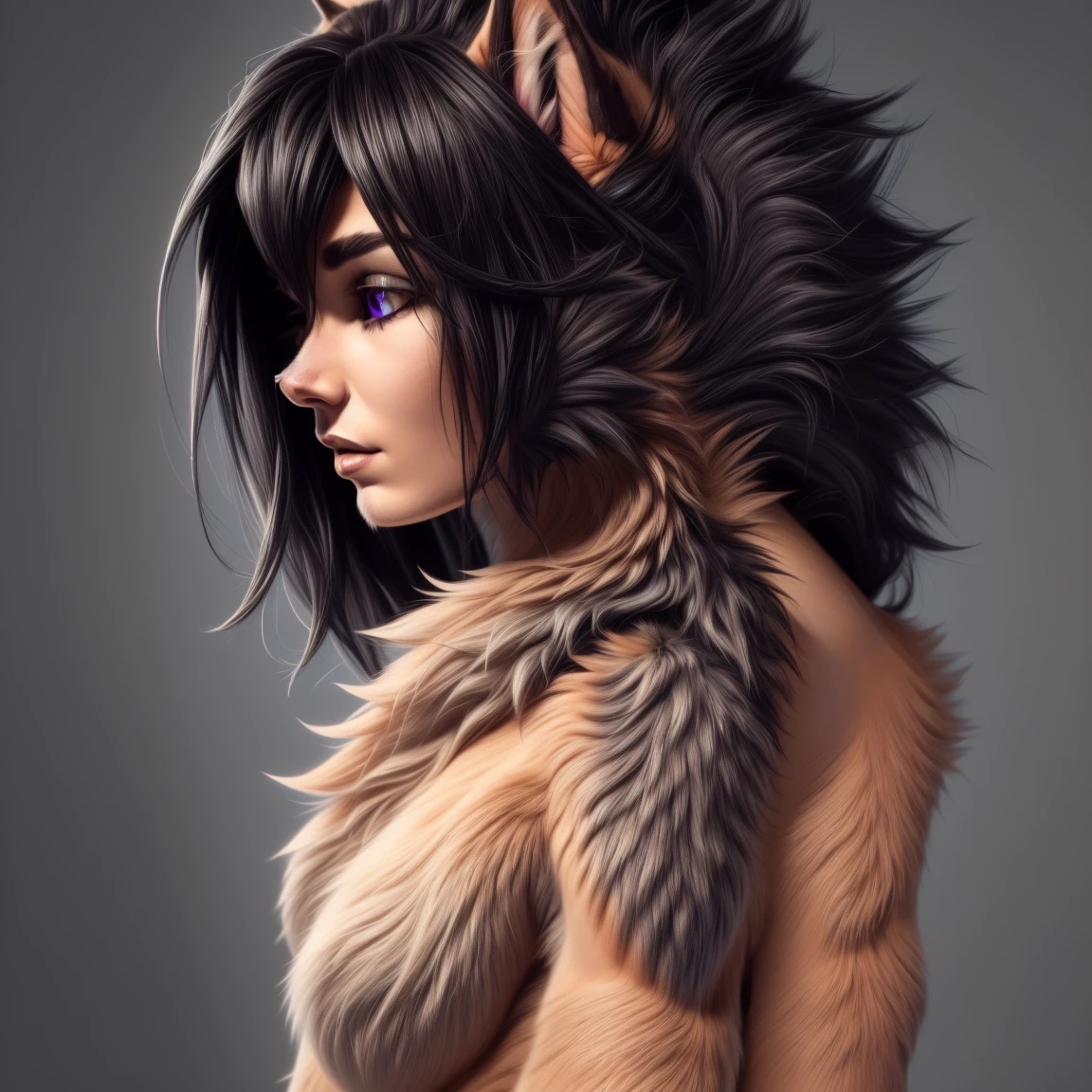 (human face:1.5), (fur body:1.8) (fur in neck:1.2) (furry body:2), female, (fur in Shoulders:2), (full hair body:1.8), (cat fur:1.2), black cat ears, purple eyes, (fur in cheasts:2.5), (fur in all body:2.5), (fur arm:2), (nude:1.2), black hair, (skin breasts:0.8)