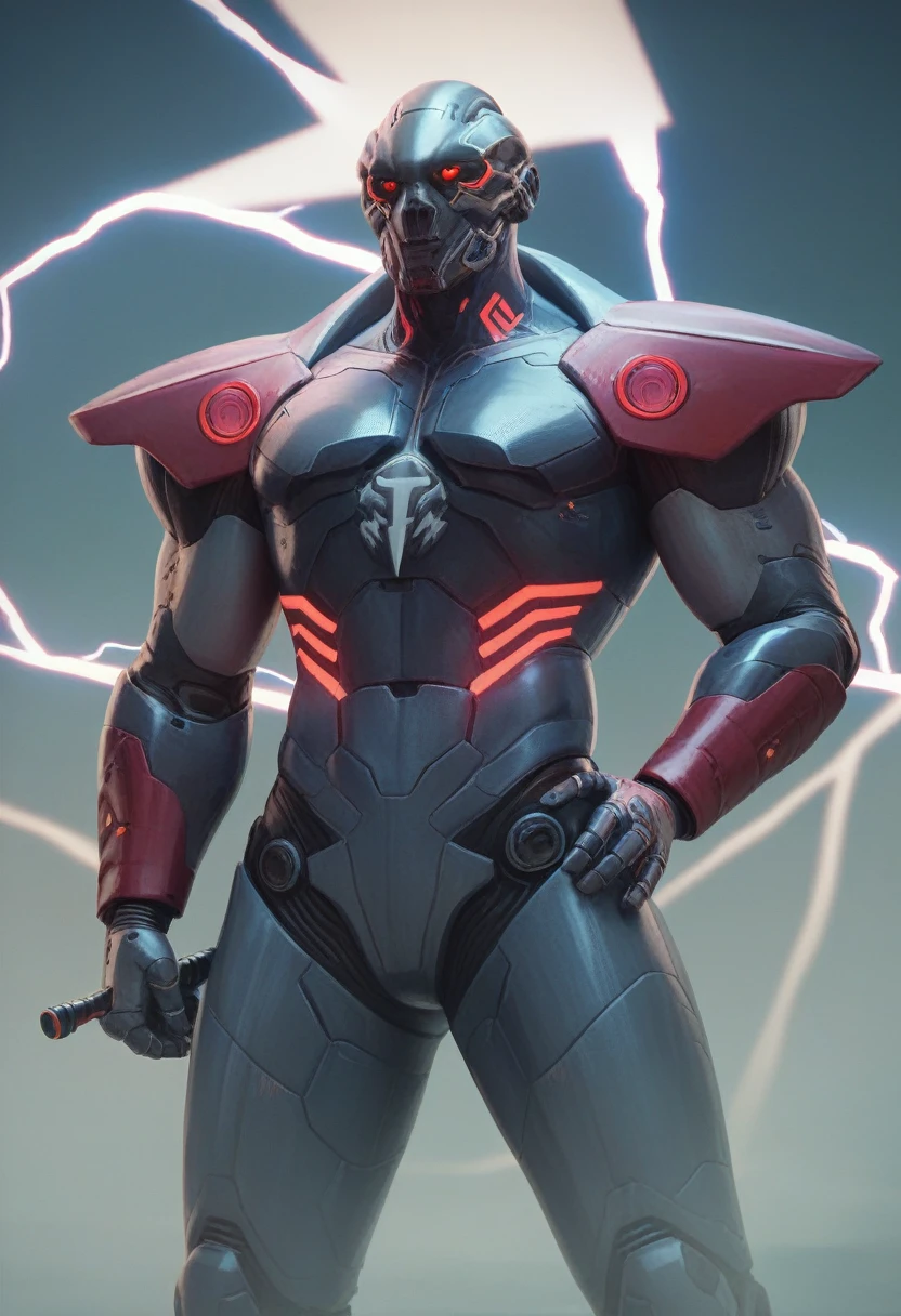 (Best quality)), ((masterpiece)), 3D, 4K, cyberpunk, On the mountain top, warrior is holding a lightning bolt, Kamen Rider｜metals｜Carbon fiber texture｜metallic luster｜Red and black color scheme｜Premium materials｜neon-light-effect