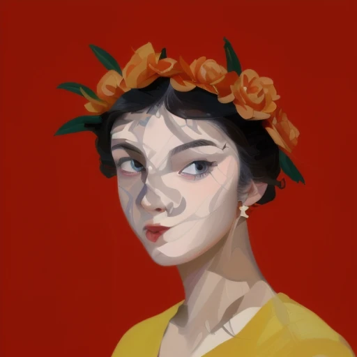 painting of a woman with a flower crown on her head, stylized portrait, inspired by Romano Vio, girl with a flower head, inspired by Jacques-Louis David, some red and yellow, inspired by Kahlo, portrait of modern darna, inspired by Jin Nong, an expressive digital painting, portrait in the style of craola, a digital painting