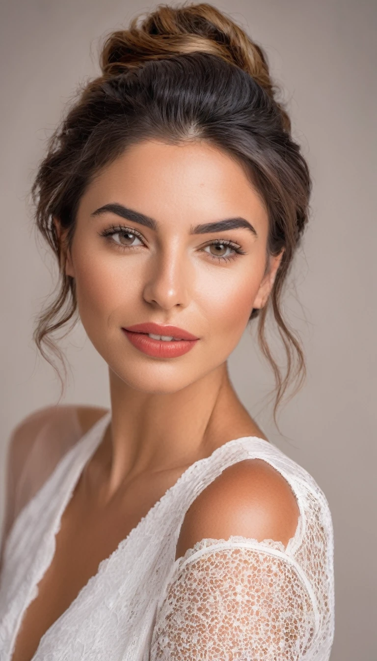 average uruguayan woman, sexy, light background, great image quality, casual photo, with a clean face, thick lips, updo hair, frontal photo