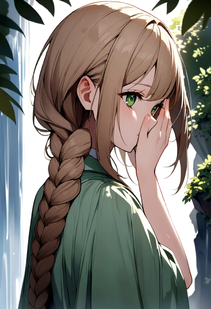 A young woman of 19 with fair skin and dark green eyes has light brown hair with some strands framing her face, as well as a waterfall braid at the back of her hair.