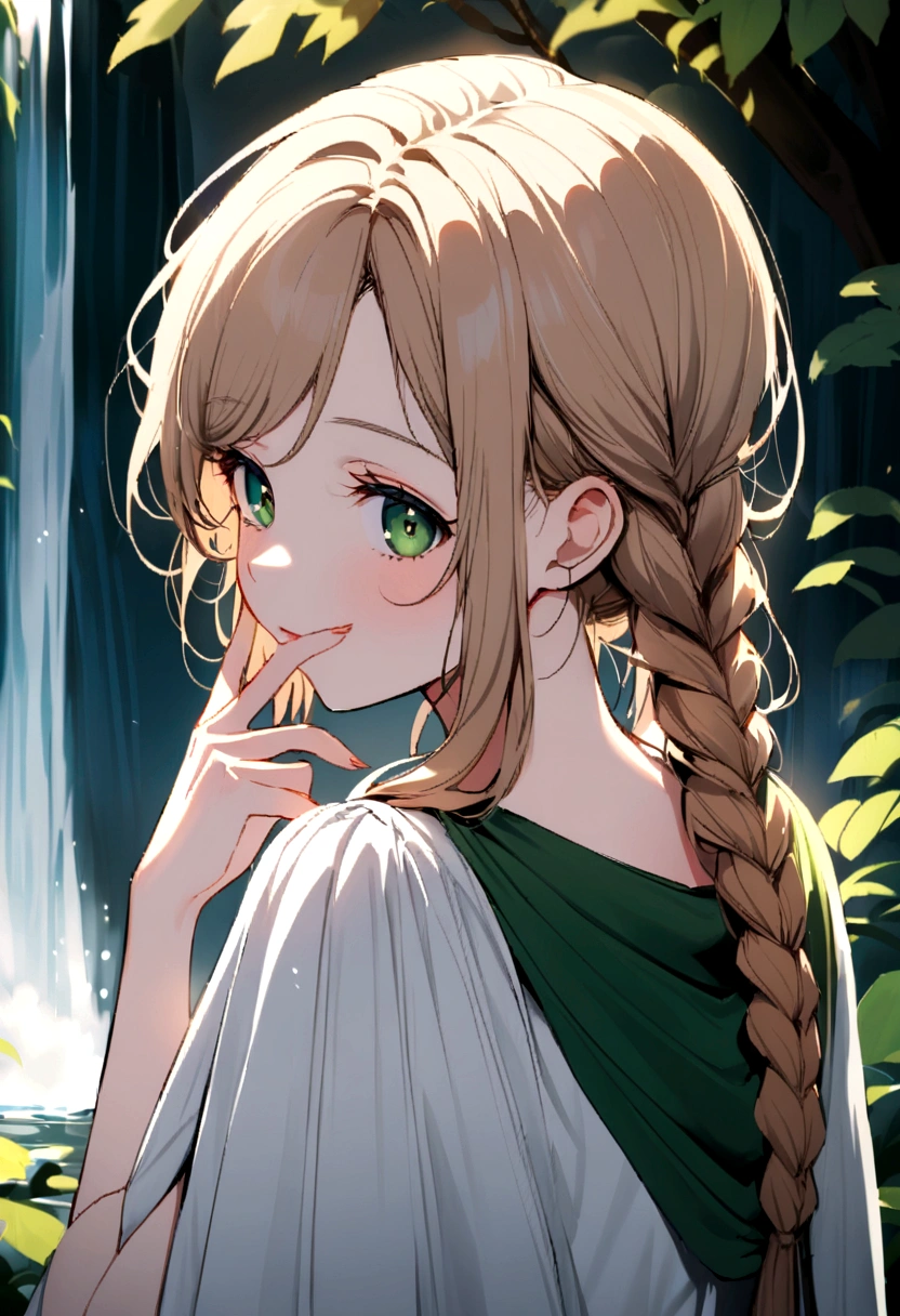 A young woman of 19 with fair skin and dark green eyes has light brown hair with some strands framing her face, as well as a waterfall braid at the back of her hair.