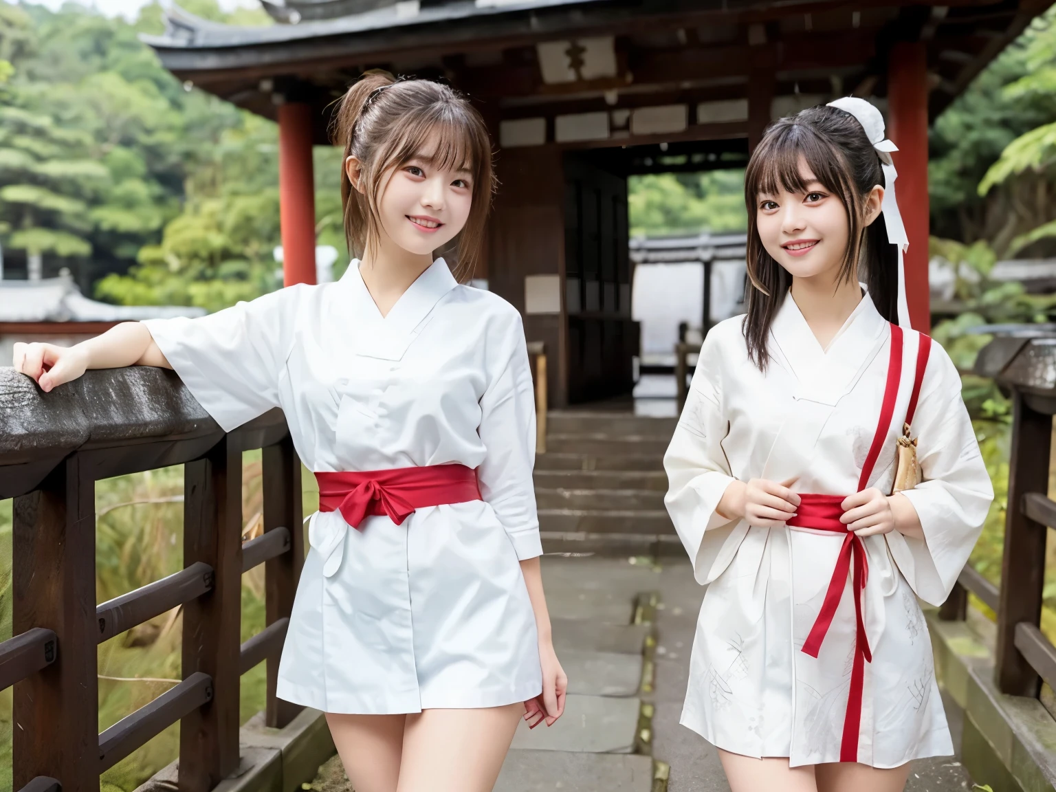 Two girls walking through an old Japanese shrine,Holiday casual wear,Ribbon with small ribbon in hair,18-year-old,bangs,A small smile,Thighs Thighs Thighs Thighs,ponytail,Shortcuts,Face close-up