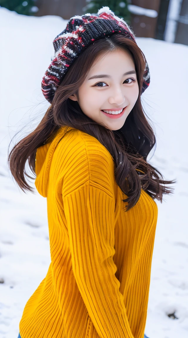 Realistic photos of beautiful Korean women, One side up, Bust size 32 inches, Mustard Sweater, smile, In the snow, Snow in the background, close, Ultra-high resolution