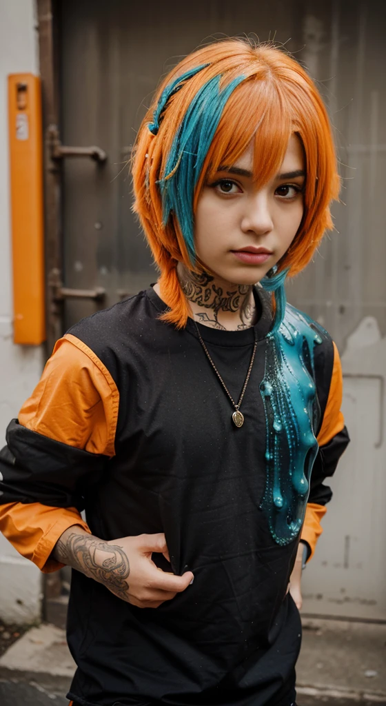 Slime boy, (slime) Slime hair Tellum hair style, Persian orange, emo clothing, Masterpiece, Best Quality