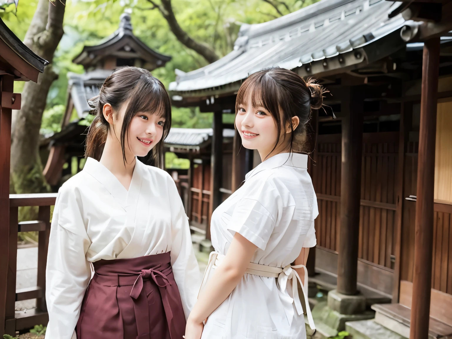 Two girls walking through an old Japanese shrine,Holiday casual wear,Ribbon with small ribbon in hair,18-year-old,bangs,A small smile,Thighs Thighs Thighs Thighs,ponytail,Shortcuts,Face close-up