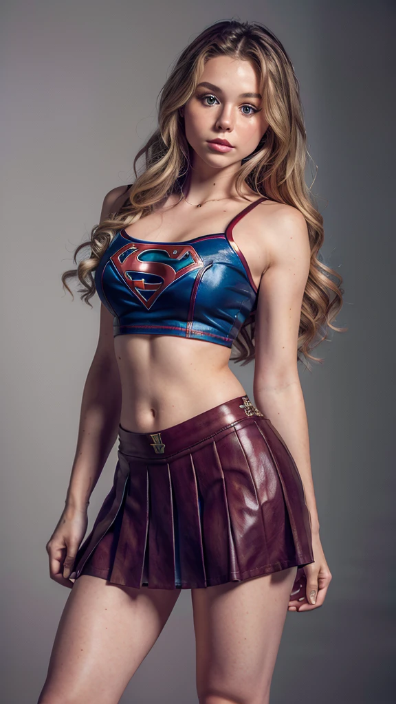 brecbassinger is Supergirl, long blonde hair, wearing (Supergirl cheerleader, no cape, cropped top, pleated miniskirt),big breasts, breast size 40d,jumping, highly detailed, Artstation, smooth, sharp focus, 8K,hyper realistic, detailed,epic realisticm rutkowski, hdr, intricate details, hyperdetailed, contrast, cinematic, rim ligth, muted colors:1. 2, (masterpiece, best quality, ultra detailed, absurdres:1.5)