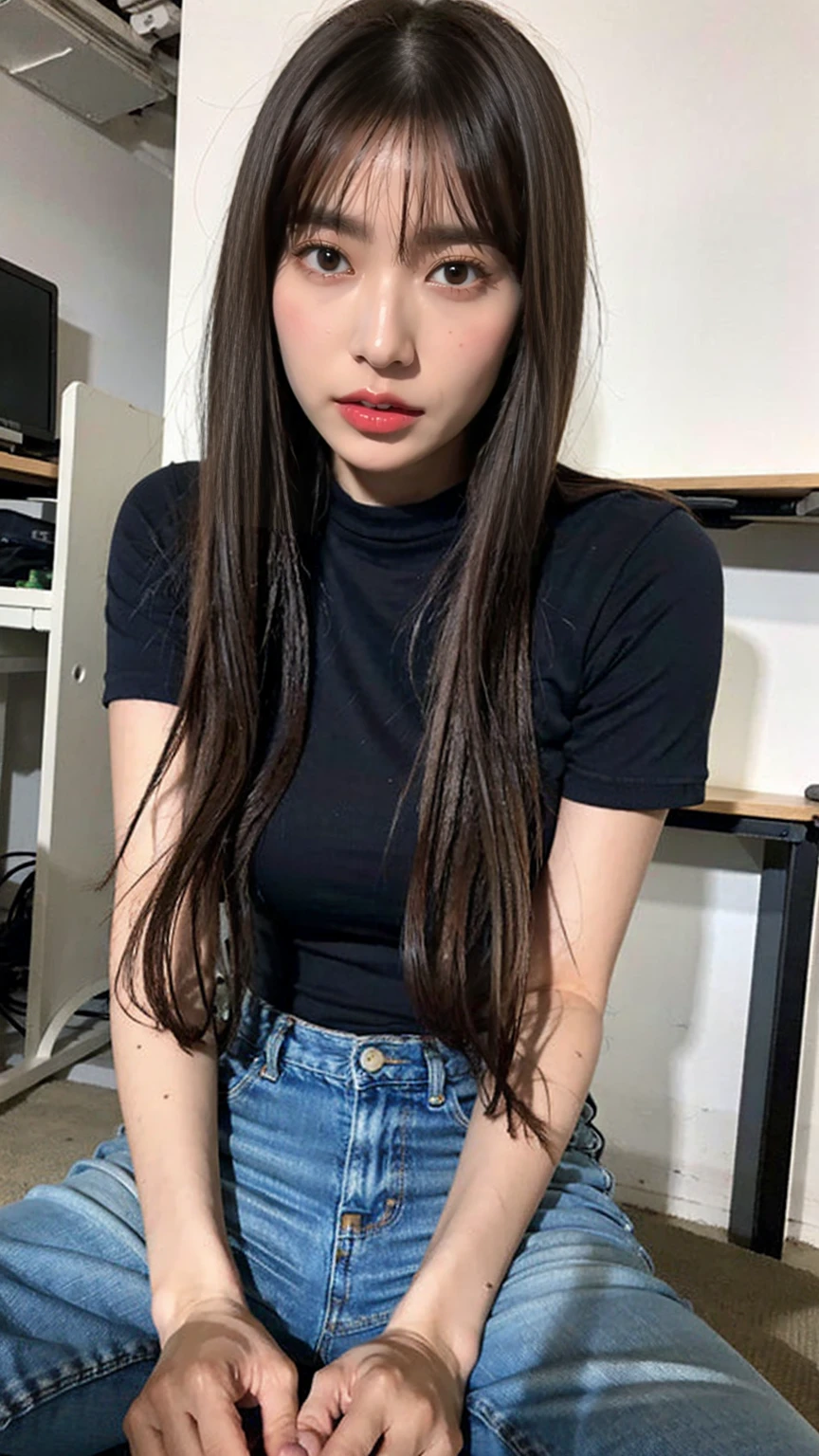 (Tabletop), (Subjective Close-up), Highest quality, Tabletop, (Realistic:1.2), 1 Female, Selphy, Front view, Realistic Skin, (Round face), Curtain Fringe Tousled Hair, Brown Hair, Human skin defects, Lighting during power outages, Face close-up, Up to the knees, Wet T-shirt, Wearing jeans all over, sitting at a desk in an office, Perfect hands, Look into the camera, Various poses, In the garage, Sensual pose, sweating, ((Wet Skin)),