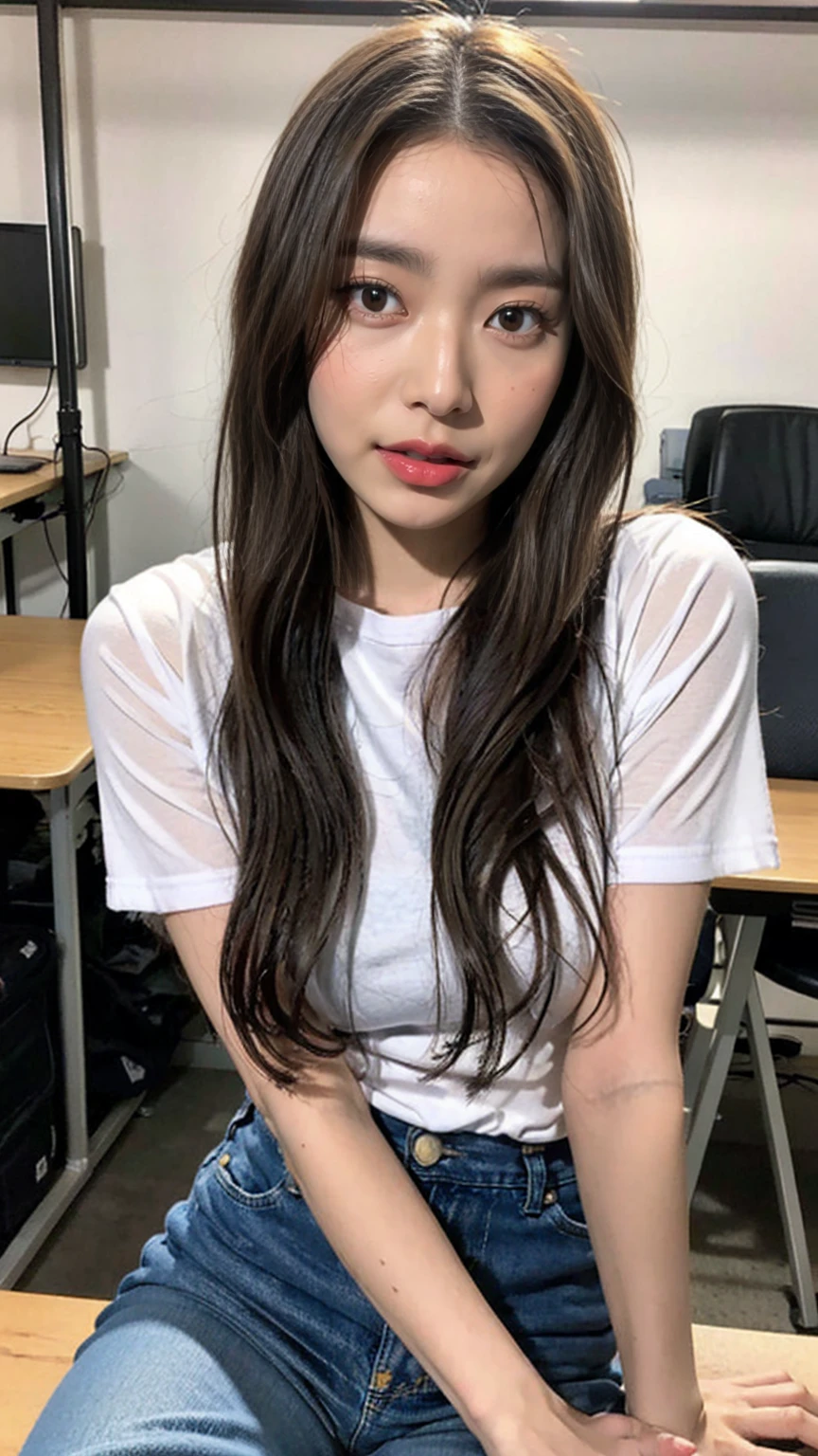(Tabletop), (Subjective Close-up), Highest quality, Tabletop, (Realistic:1.2), 1 Female, Selphy, Front view, Realistic Skin, (Round face), Curtain Fringe Tousled Hair, Brown Hair, Human skin defects, Lighting during power outages, Face close-up, Up to the knees, Wet T-shirt, Wearing jeans all over, sitting at a desk in an office, Perfect hands, Look into the camera, Various poses, In the garage, Sensual pose, sweating, ((Wet Skin)),