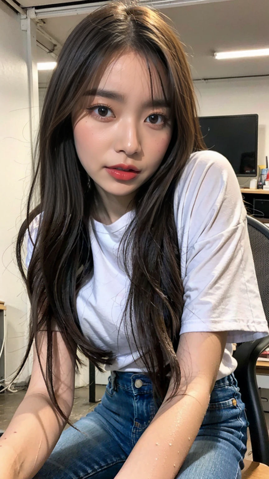(Tabletop), (Subjective Close-up), Highest quality, Tabletop, (Realistic:1.2), 1 Female, Selphy, Front view, Realistic Skin, (Round face), Curtain Fringe Tousled Hair, Brown Hair, Human skin defects, Lighting during power outages, Face close-up, Up to the knees, Wet T-shirt, Wearing jeans all over, sitting at a desk in an office, Perfect hands, Look into the camera, Various poses, In the garage, Sensual pose, sweating, ((Wet Skin)),