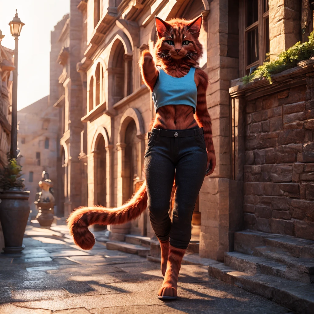 red cat girl, anthropomorphic cat, toned body full of fur, showing midriff, highly detailed face, highly detailed eyes, full body, whole body visible, full character visible, soft lighting, high definition, ultra realistic, 2D, 8K, digital art