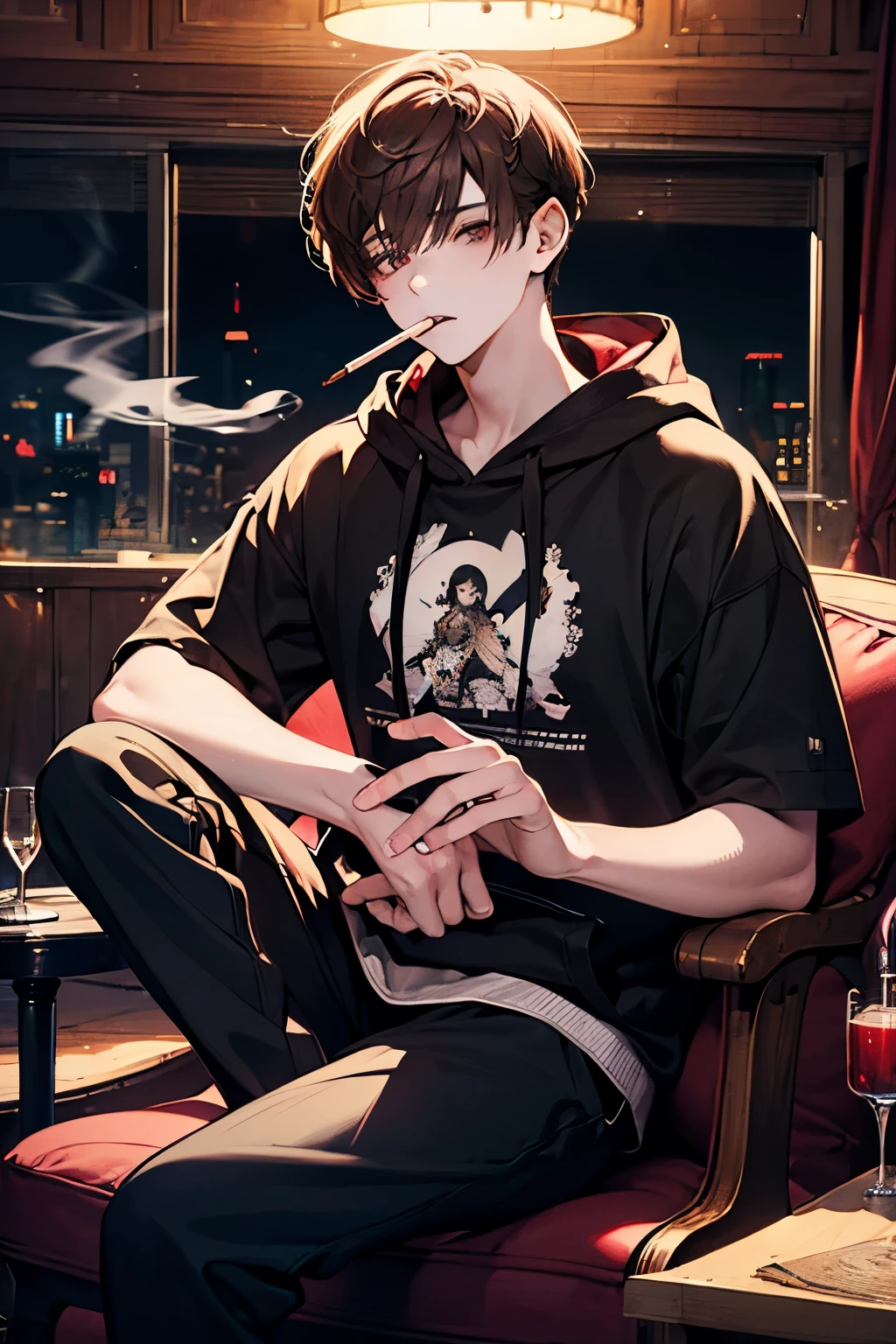 Beautiful young man, brown hair, short hair, red eyes,Shiny Sparkling eyes,Short sleeve hoodie,(smokes), night, smoke,high quality, amount of drawing, pixiv illustration,beautiful image,perfect pixiv,Sitting cross-legged
