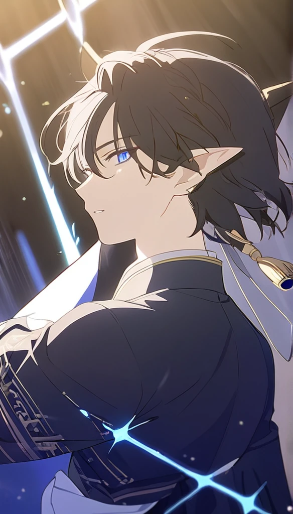 1man, elven ears, electric god, blue black hair, short hairstyle, glowing blue eyes, blue electric spark, thai priest, elegant thai clothes,