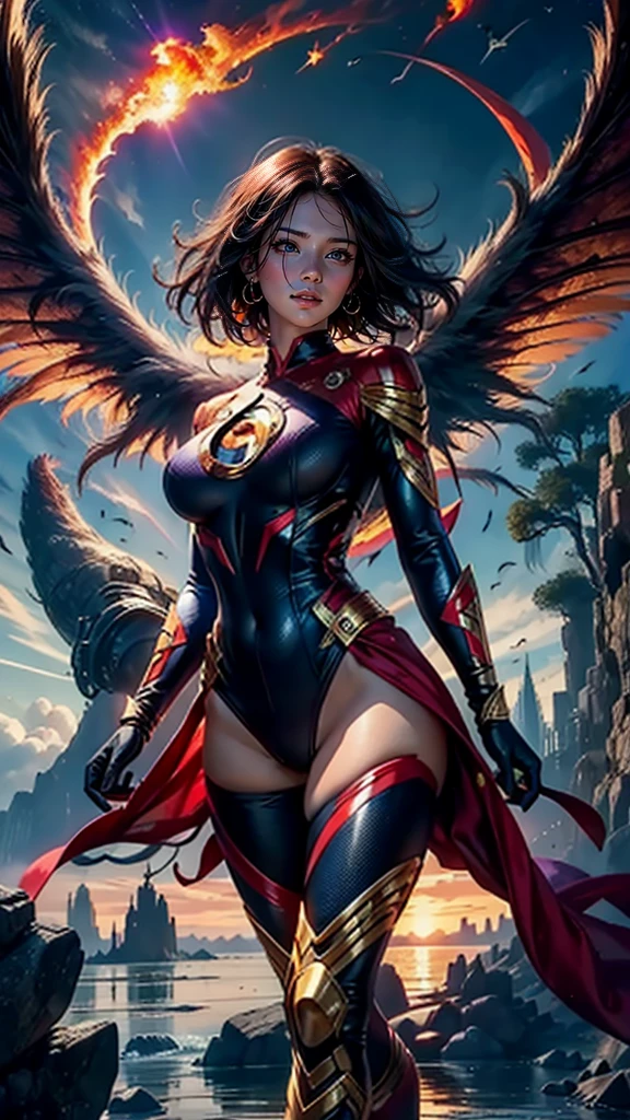 Marvel Fantastic Four，Latina Adult Model Daisy Marie as the Female version of Thunder Fire，Fly in the sky，angry look，The whole body is on fire，flame magic，The body was on fire🔥，The body glows and heats，The flames spread，The fire burst into the sky，Fire，Burn characters，The fire magic effect is fired on the hand，Mixed Chinese and American races，The background is blurred out，focal，Movie Lighting，(((tmasterpiece))), ((best qualtiy)), ((Complex and detailed)), ((Ultra-realistic realism)), Ridiculous resolution, A MILF, Mature woman, ssee-through, highly  detailed, illustratio, 1girll, (34dd-cup breasts), Thin waist and thick hips，long leges，beatiful detailed eyes, short detailed hair, flaming hair, a purple eye, (Superhero uniforms:1.2), seminude，tightsuit，Sexy and feminine，perfect bodies，Sexy attire，Human flashlight，（No underwear），pantiess, detailed back ground, perfect  eyes, Seductive eye, （nice hand），Detail hands，looking at viewert，From the front，Wear light，（Fantastic Four），