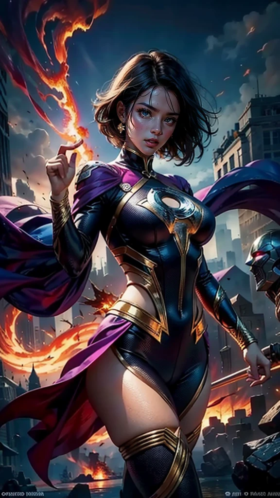 Marvel Fantastic Four,Latina Adult Model Daisy Marie as the Female version of Thunder Fire,Fly in the sky,angry look,The whole body is on fire,flame magic,The body was on fire🔥,The body glows and heats,The flames spread,The fire burst into the sky,Fire,Burn characters,The fire magic effect is fired on the hand,Mixed Chinese and American races,The background is blurred out,focal,Movie Lighting,(((tmasterpiece))), ((best qualtiy)), ((Complex and detailed)), ((Ultra-realistic realism)), Ridiculous resolution, A MILF, Mature woman, ssee-through, highly detailed, illustratio, 1girll, (34dd-cup breasts), Thin waist and thick hips,long leges,beatiful detailed eyes, short detailed hair, flaming hair, a purple eye, (Superhero uniforms:1.2), seminude,tightsuit,Sexy and feminine,perfect bodies,Sexy attire,Human flashlight,(No underwear),pantiess, detailed back ground, perfect eyes, Seductive eye, (nice hand),Detail hands,looking at viewert,From the front,Wear light,(Fantastic Four),