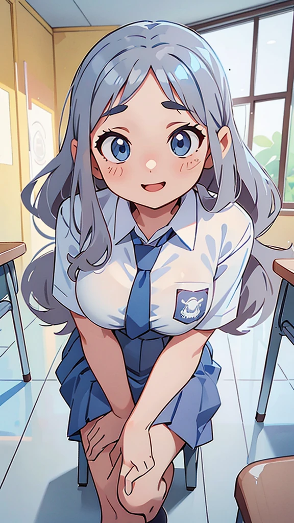 1 woman, 17 years old, (long curls, grey hair), scared face expression, plump body, blue eyes, Indonesian high-school uniform, (wearing transparent white shirt, showing bra), osis logo on shirt pocket, huge XL breasts, light-grey pleated skirt, sitting on a chair, seductive pose, full body shot, smiling, in the classroom.