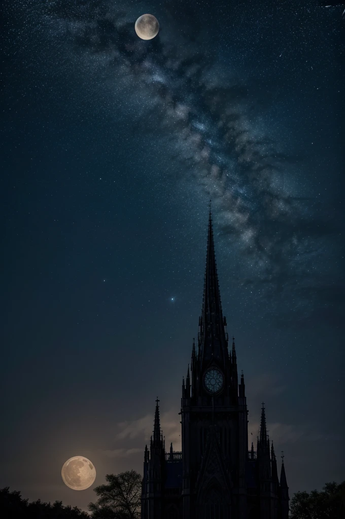 starry night sky with few clouds and a big beautiful moon, Gothic art, depth of field, overexposure, UHD