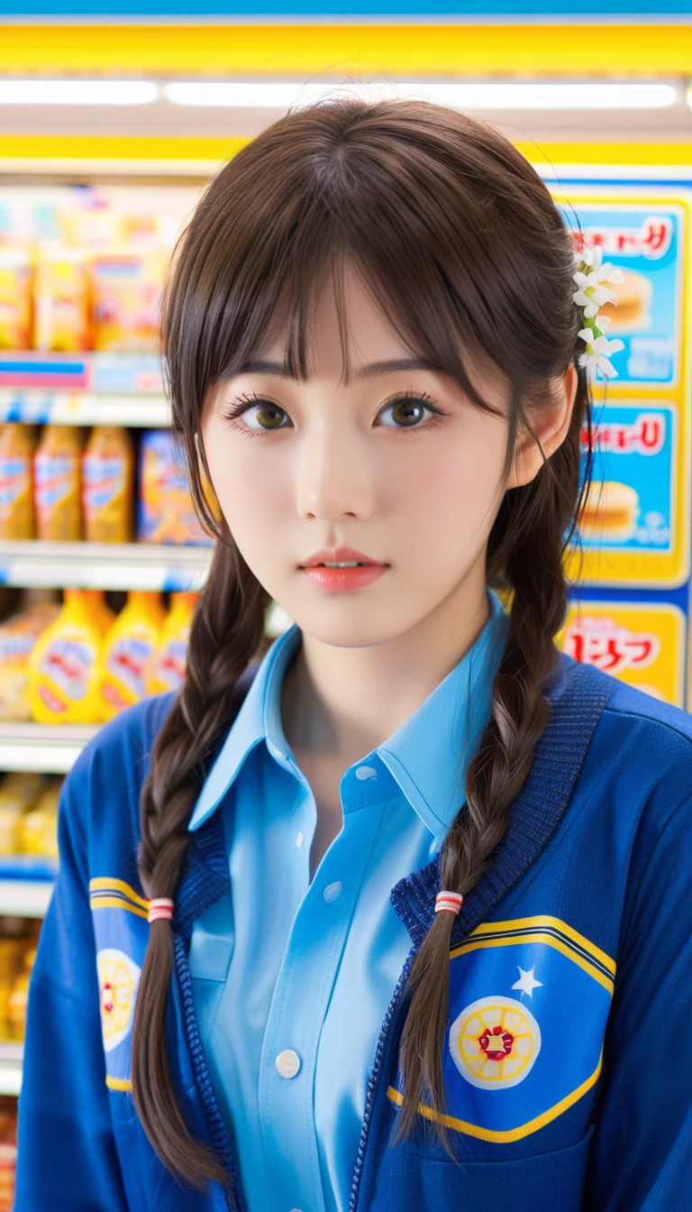 In convenience store,high school student, Japanese idol, ,Best Quality, 32k, photorealistic, ultra-detailed, finely detailed, high resolution, perfect dynamic composition, beautiful detailed eyes, sharp-focus, cowboy_shot, ,konbini