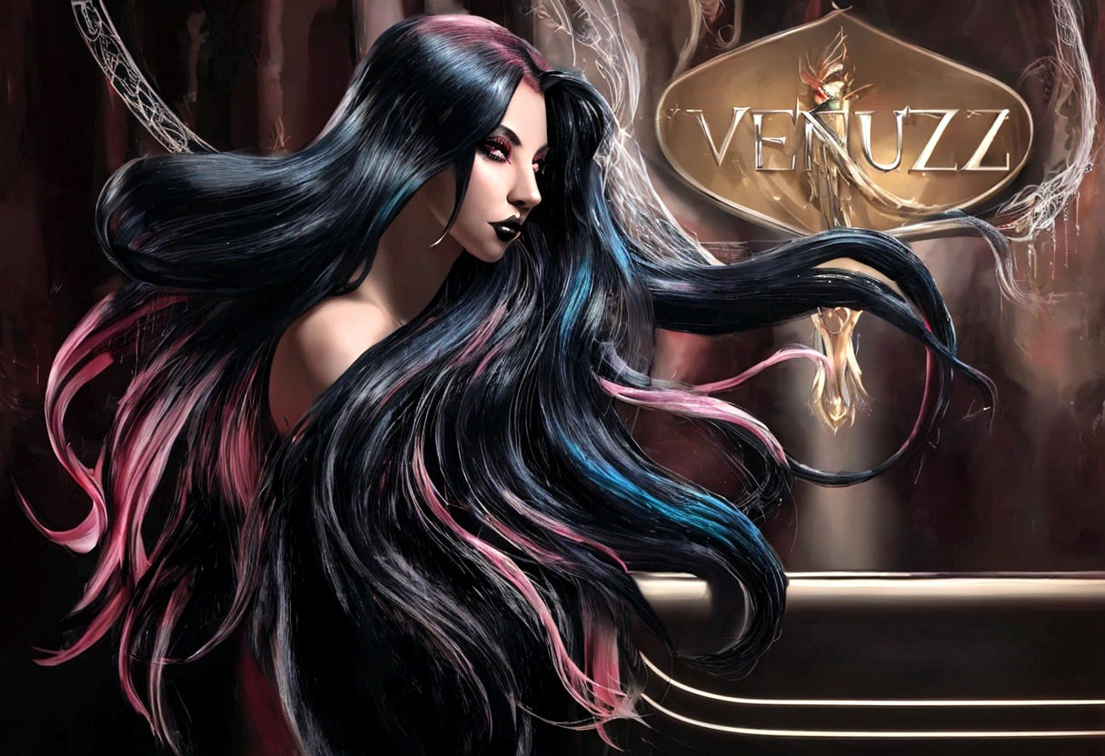 a close up of a woman with long black hair and a sign, ventail, exquisite digital illustration, long flowing medusa hair, girl venizian, venus effect, vibrant dark hair, lady gaga with her venus hair, colourful long hair, stunning digital illustration, gorgeous digital painting, beautiful digital illustration, glossy digital painting, very long flowing dark hair