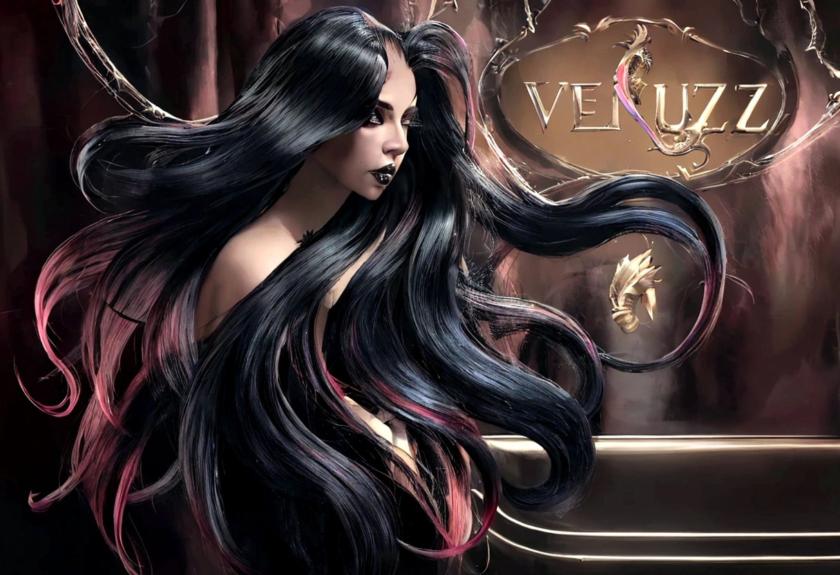 a close up of a woman with long black hair and a sign, ventail, exquisite digital illustration, long flowing medusa hair, girl venizian, venus effect, vibrant dark hair, lady gaga with her venus hair, colourful long hair, stunning digital illustration, gorgeous digital painting, beautiful digital illustration, glossy digital painting, very long flowing dark hair