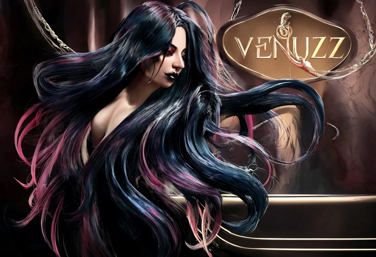 a close up of a woman with long black hair and a sign, ventail, exquisite digital illustration, long flowing medusa hair, girl venizian, venus effect, vibrant dark hair, lady gaga with her venus hair, colourful long hair, stunning digital illustration, gorgeous digital painting, beautiful digital illustration, glossy digital painting, very long flowing dark hair