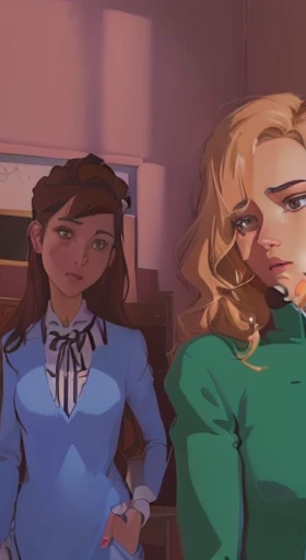 cartoon of two women standing next to each other in a room, movie scene close up, medium shot of two characters, colored illustration, animated film still, colored screentone, rotoscoped, wikihow illustration, animation film still, movie scene portrait closeup, fan art, complex scene, animation still, animated still, drawn in the style of mark arian, fanart